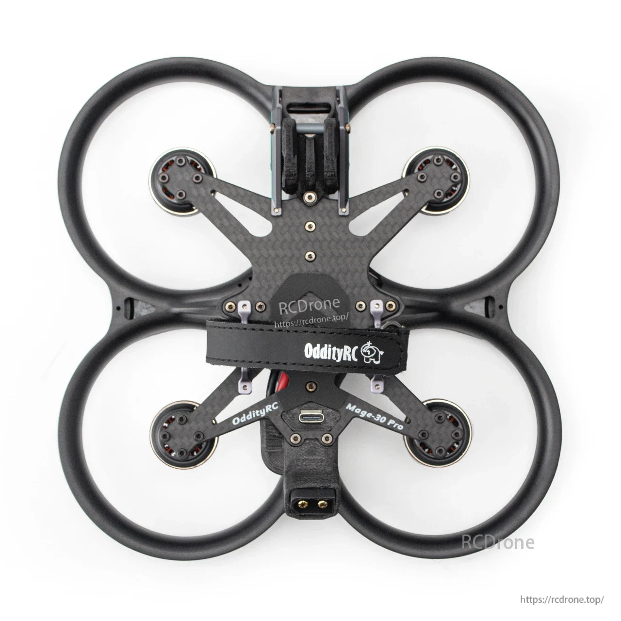 Top-down view of ducted quad frame showing OddityRC strap, motor positions, and Mage-30 Pro marking