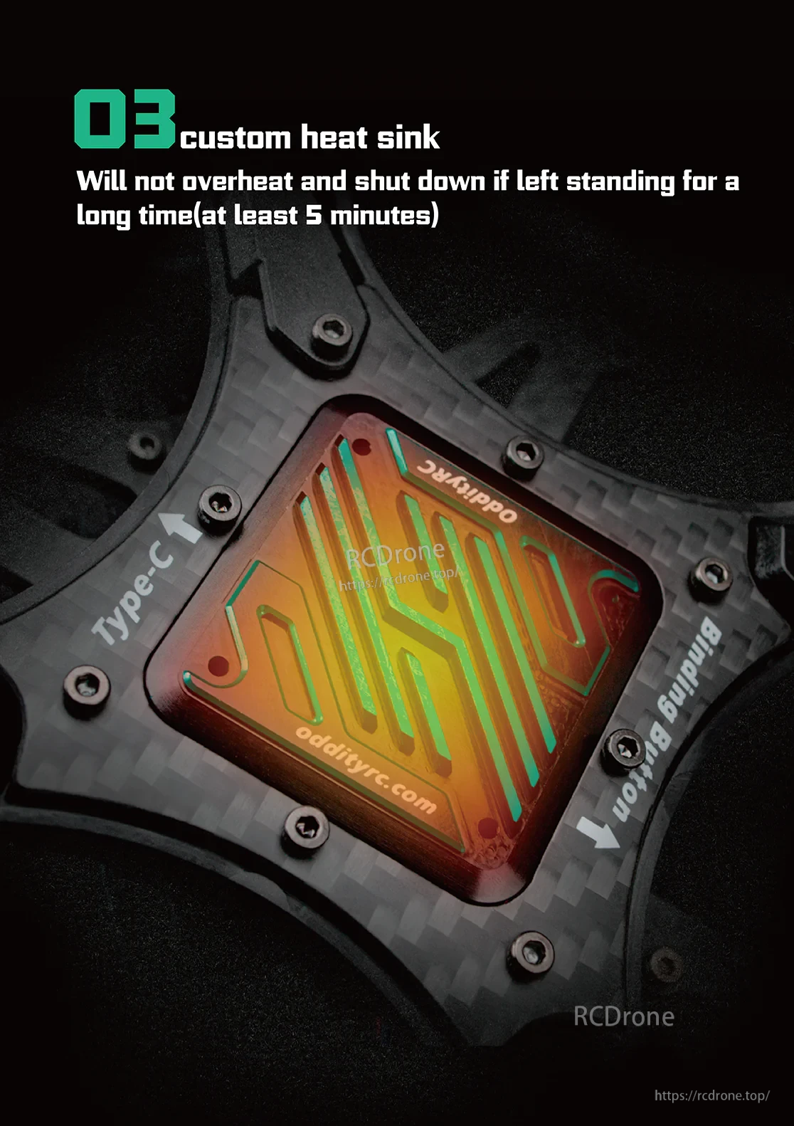 O3 custom heat sink close-up on the Mage Pro frame with Type‑C and battery plug area visible