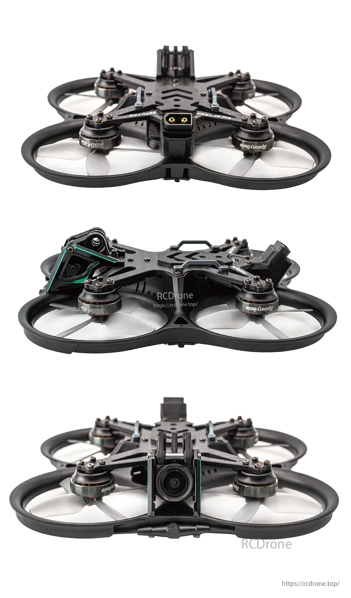 Three-angle views of the Mage Pro ducted FPV drone showing front camera mount, side profile, and top layout