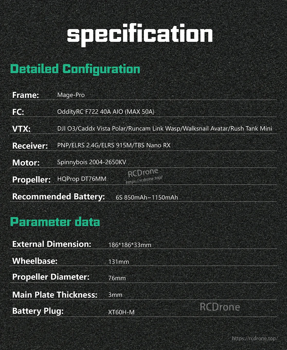 Specification table showing FC F722 40A AIO, 2004-2650KV motors, 76mm props, and 6S battery range