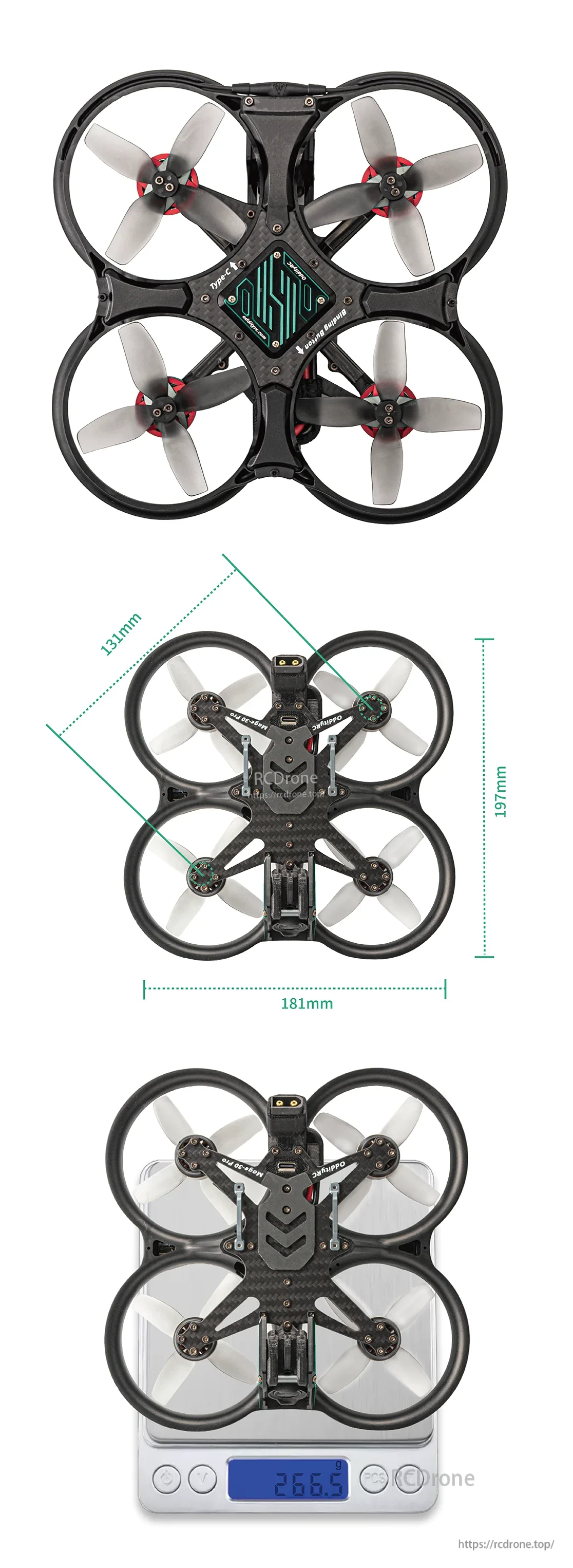 Top and side size reference with approximate dimensions and displayed weight on scale for the ducted FPV drone