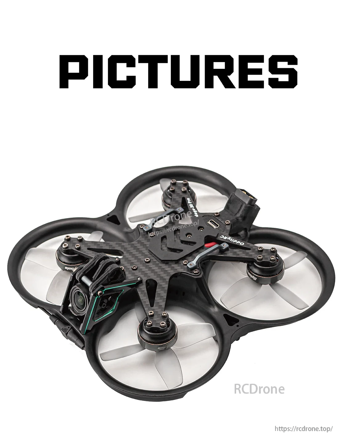 Product photo of the ducted cinewhoop frame on white background with front camera mount and guards