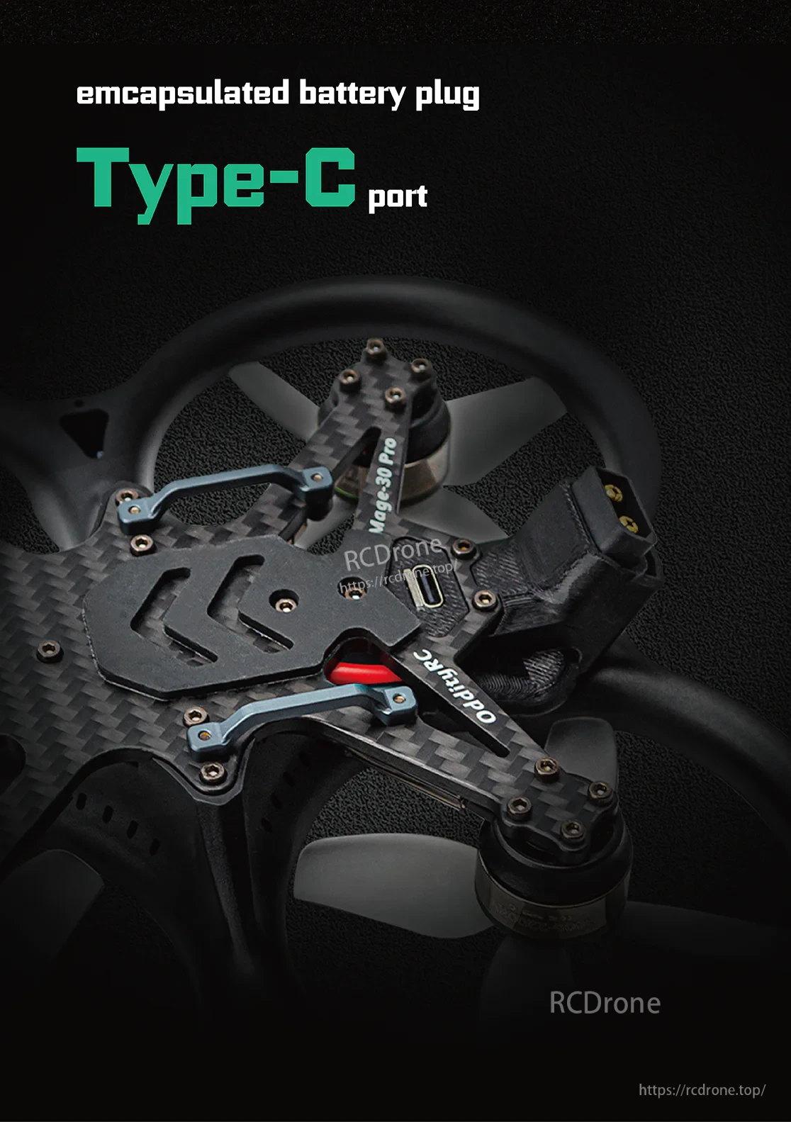 Encapsulated XT60H battery plug and Type‑C port detail on the Mage Pro flight stack