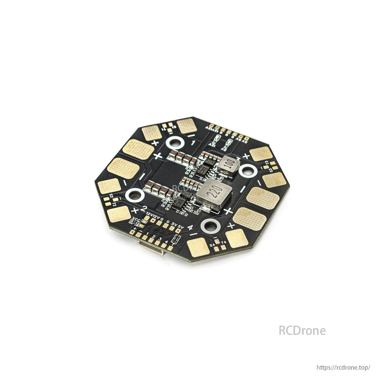OddityRC Power Distribution Board (PDB) angled front view showing components, solder pads, and mounting holes