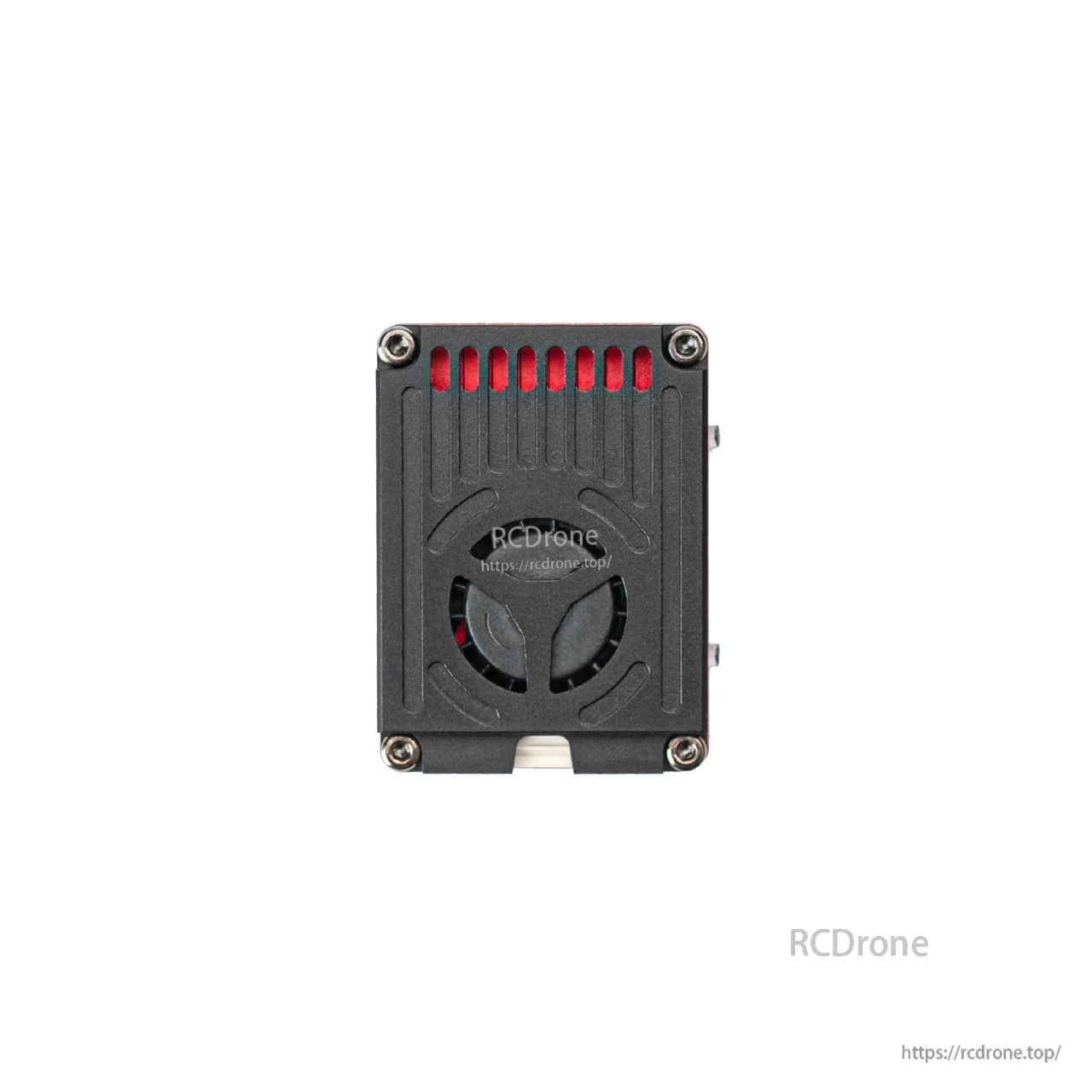 Front face close-up of vented cooling grille with red heatsink visible behind the slots
