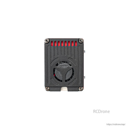 Front face close-up of vented cooling grille with red heatsink visible behind the slots