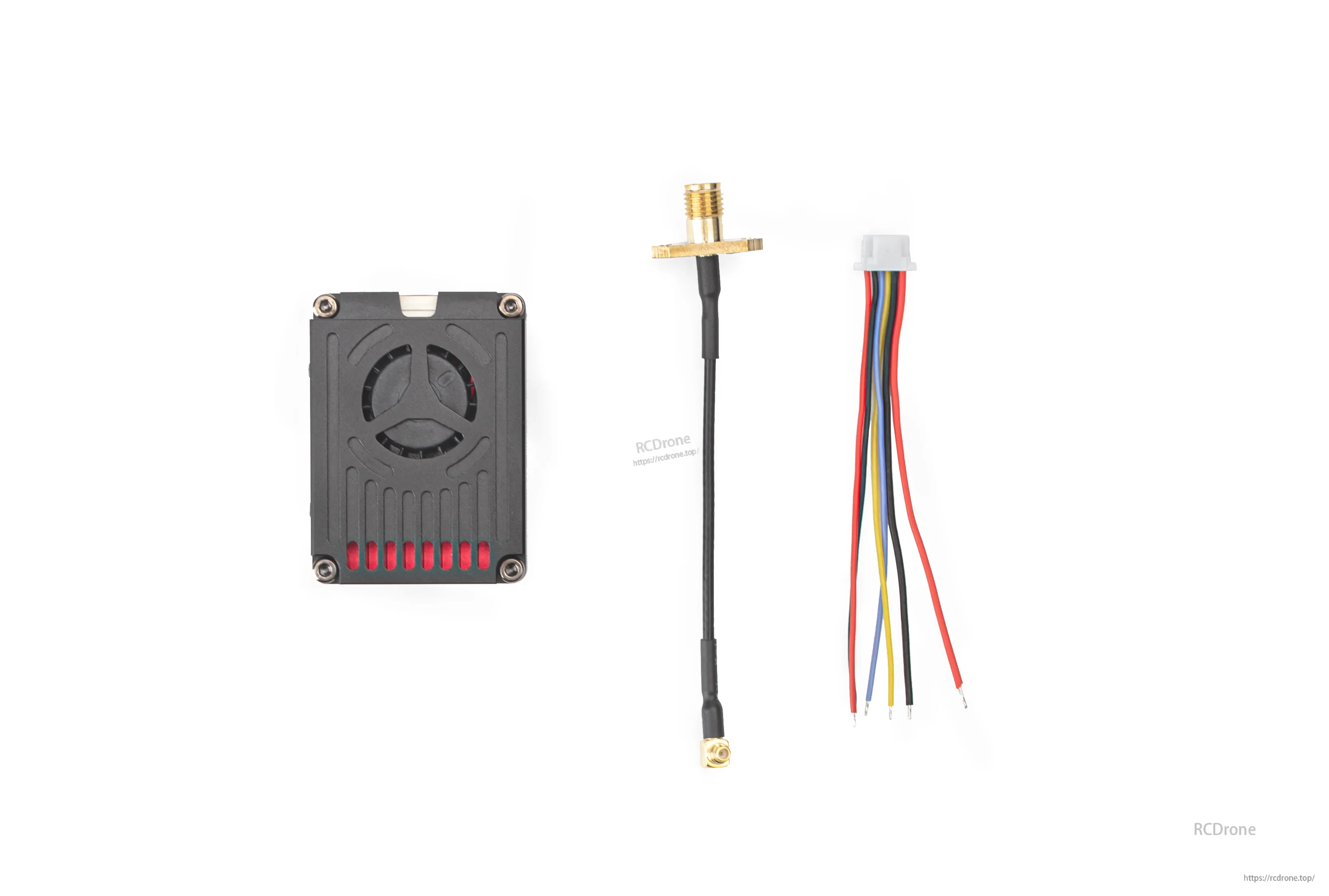 OddityRC Red Giant 2.5W FPV VTX package contents with MMCX antenna pigtail and SH1.0 6-pin wiring harness