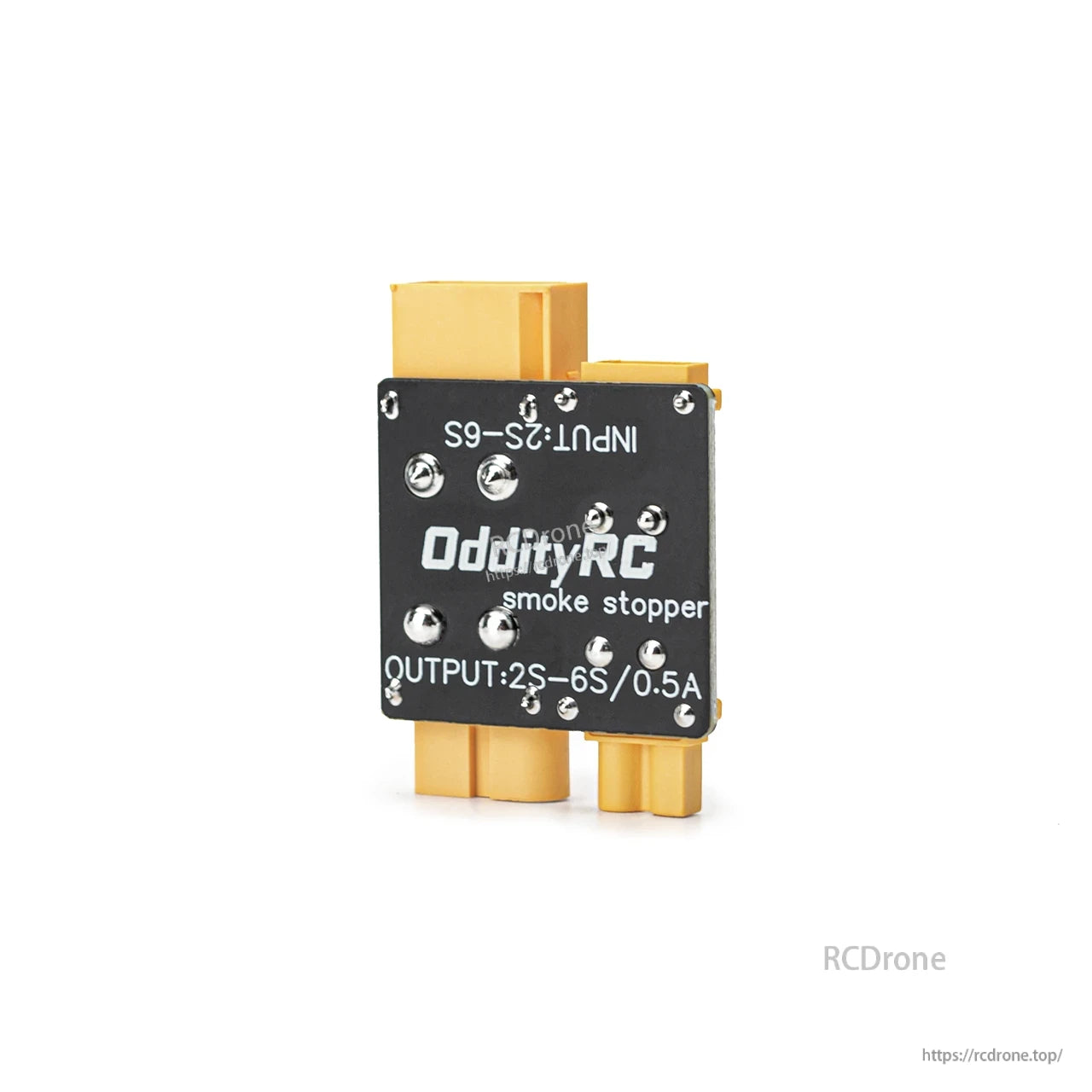 Standing side profile of OddityRC smoke stopper board with printed 2S–6S/0.5A rating and connectors