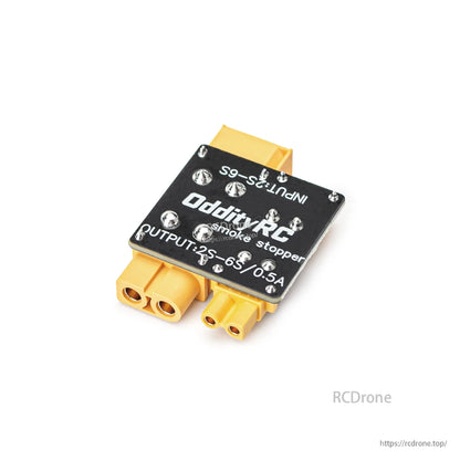 Angled view of OddityRC short circuit protector smoke stopper with XT60 input and XT30 output connectors