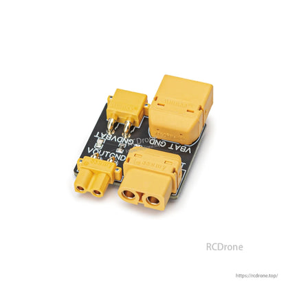 Angled rear view showing XT60 and XT30 sockets and soldered pins on the smoke stopper board