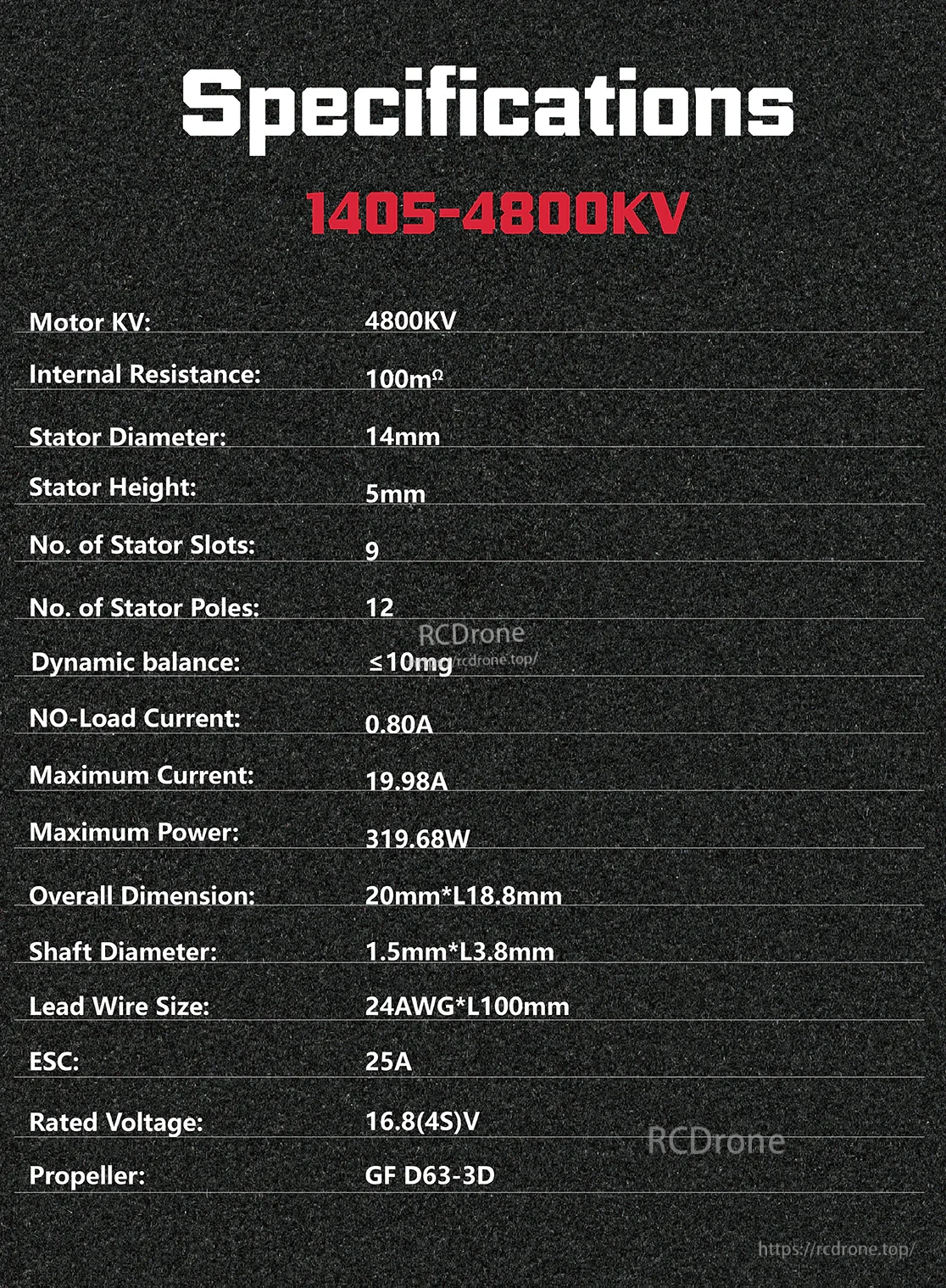 Specifications table for 1405-4800KV motor including 14mm x 5mm stator and 20mm x 18.8mm size