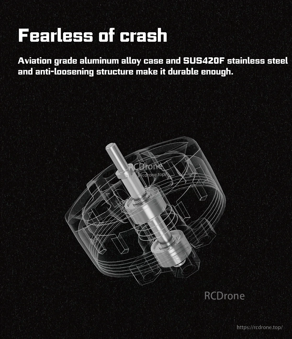 Durability graphic showing anti-loosening structure with SUS420F shaft and aluminum alloy case