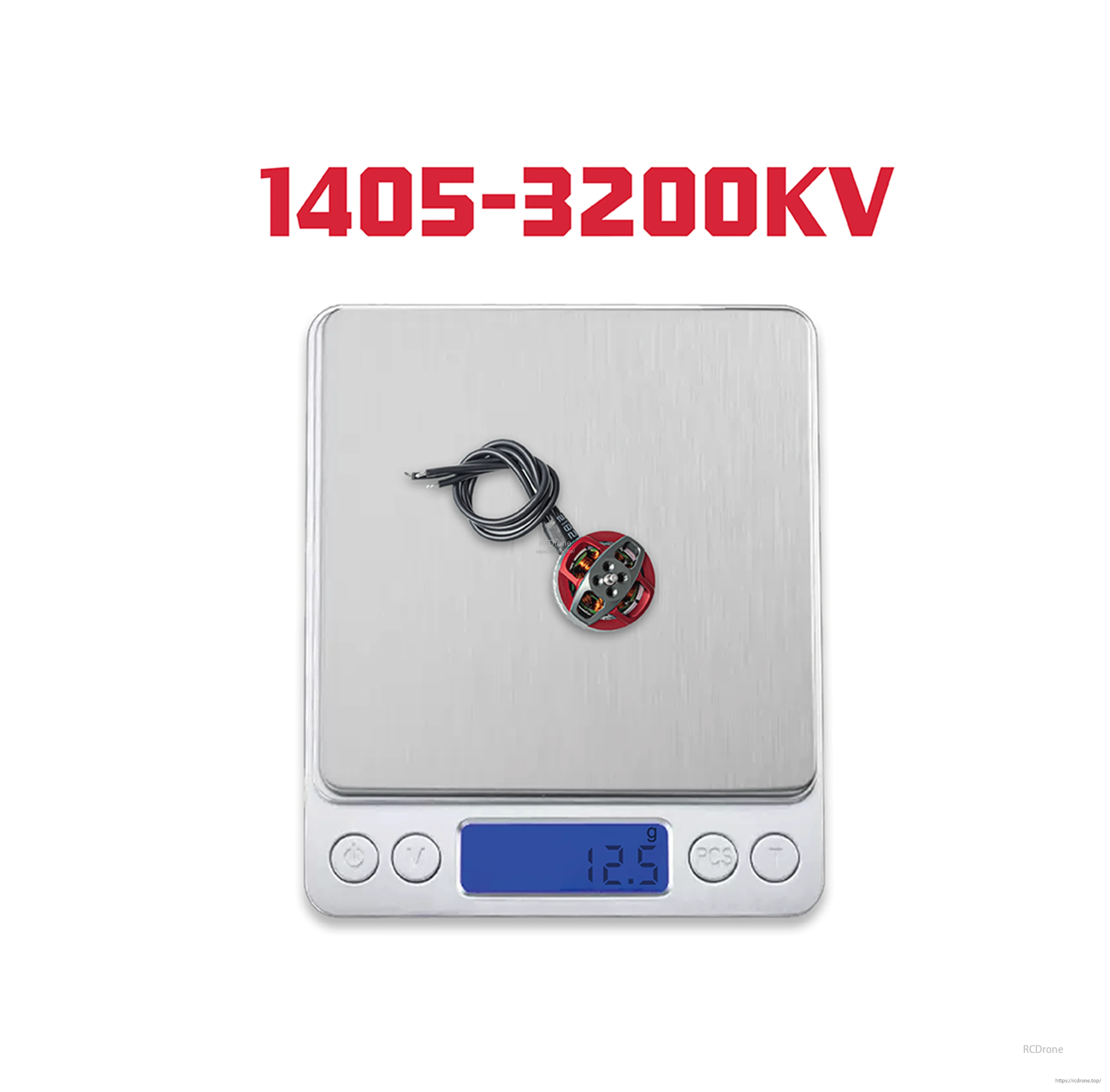 OddityRC 1405-3200KV motor on digital scale with displayed weight reading 12.5g