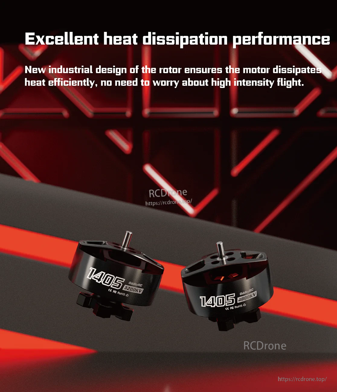 Heat dissipation graphic for Spinnybois 1405 motor with industrial rotor design callout