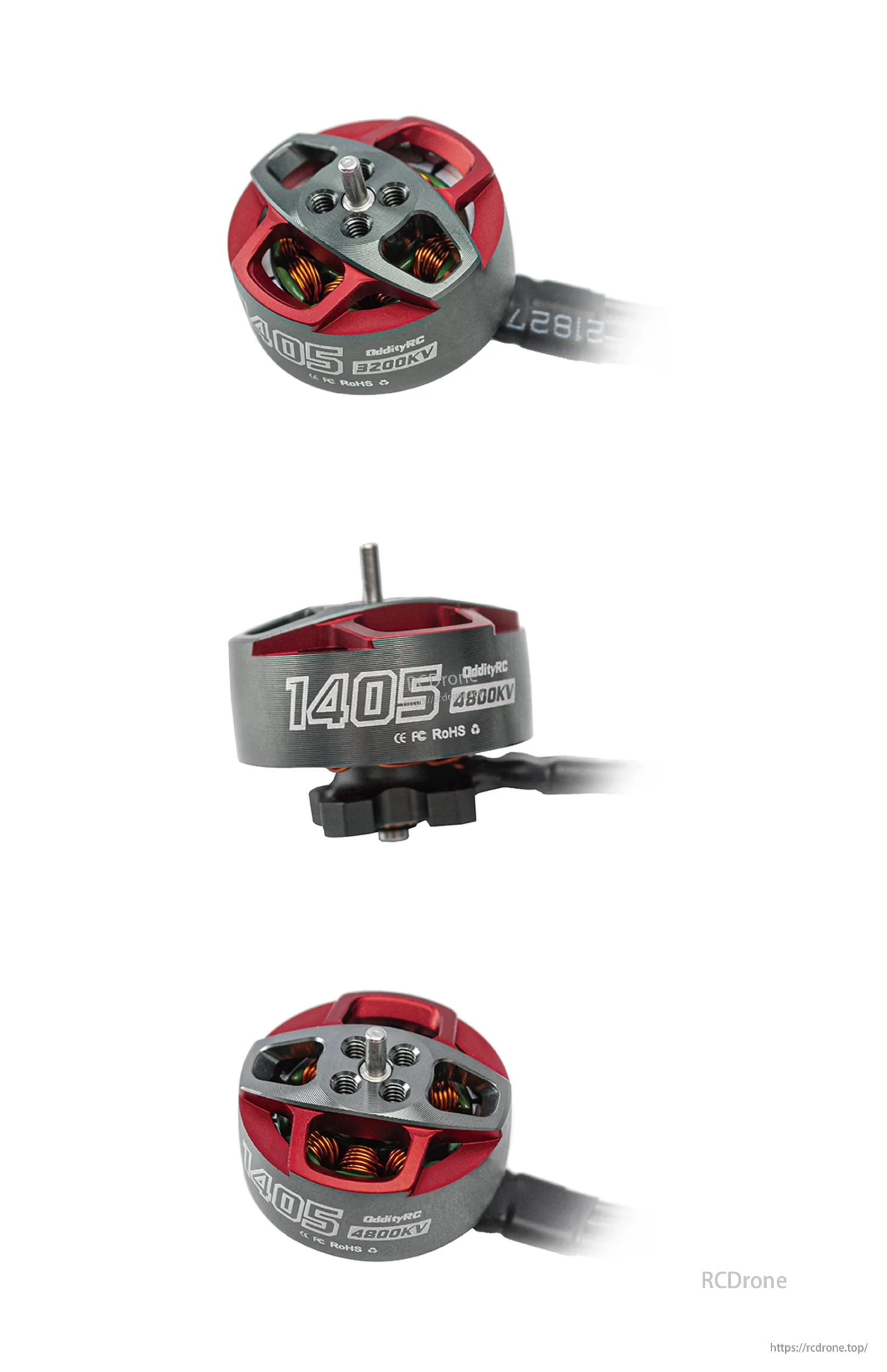 Studio photos of 1405 3200KV and 4800KV motors showing red rotor cutouts and top mounting holes