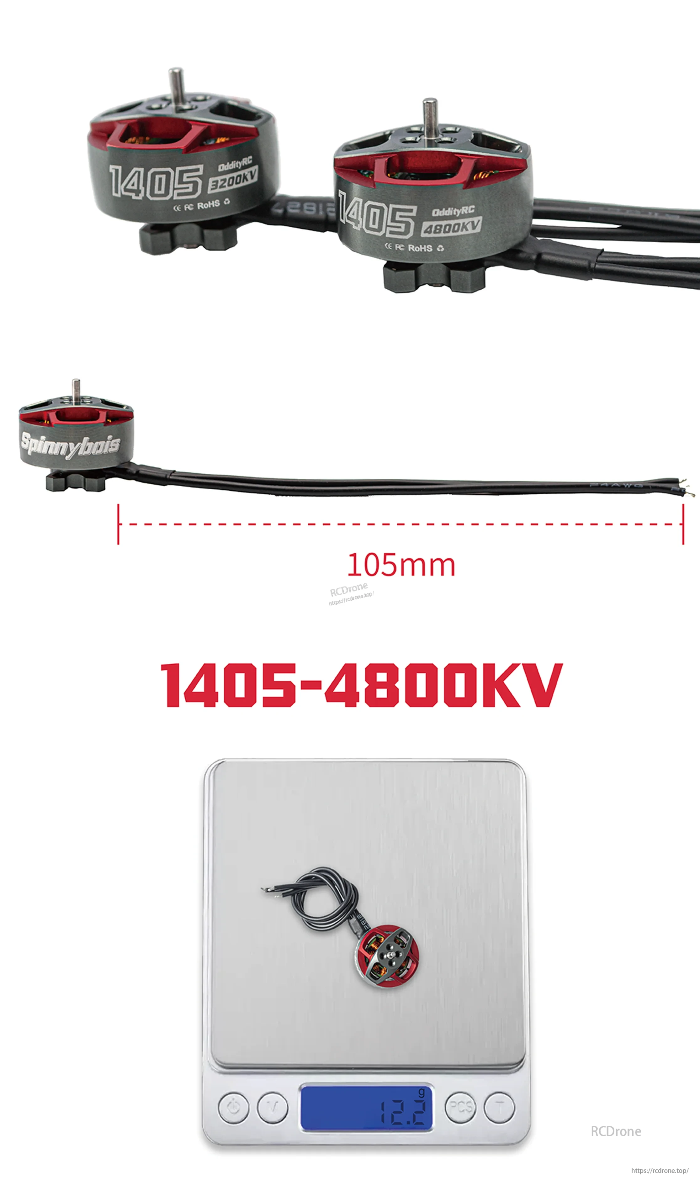 OddityRC 1405-4800KV motor with 105mm lead wires and scale weight reading 12.2g