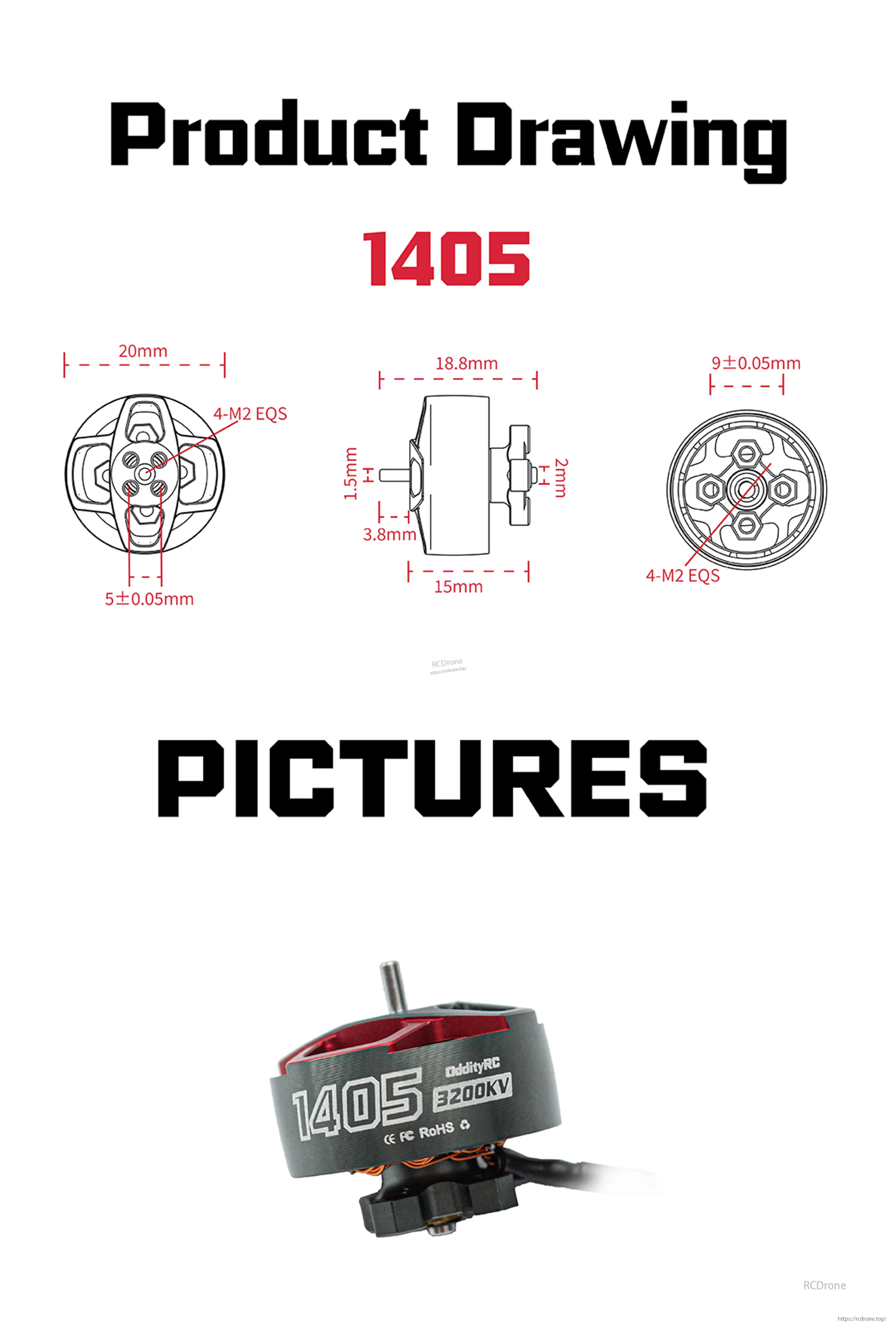 1405 motor dimension drawing with 20mm diameter, 18.8mm length, and 4-M2 mounting pattern