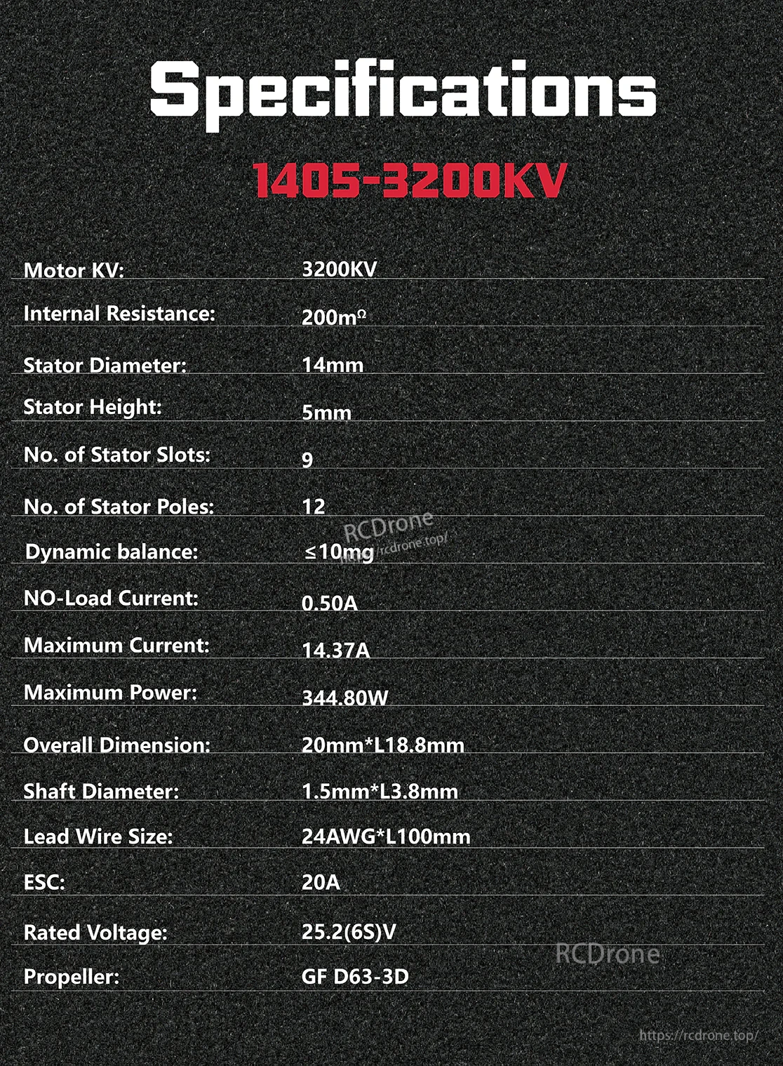 Specifications table for 1405-3200KV motor including 14mm x 5mm stator and 20mm x 18.8mm size