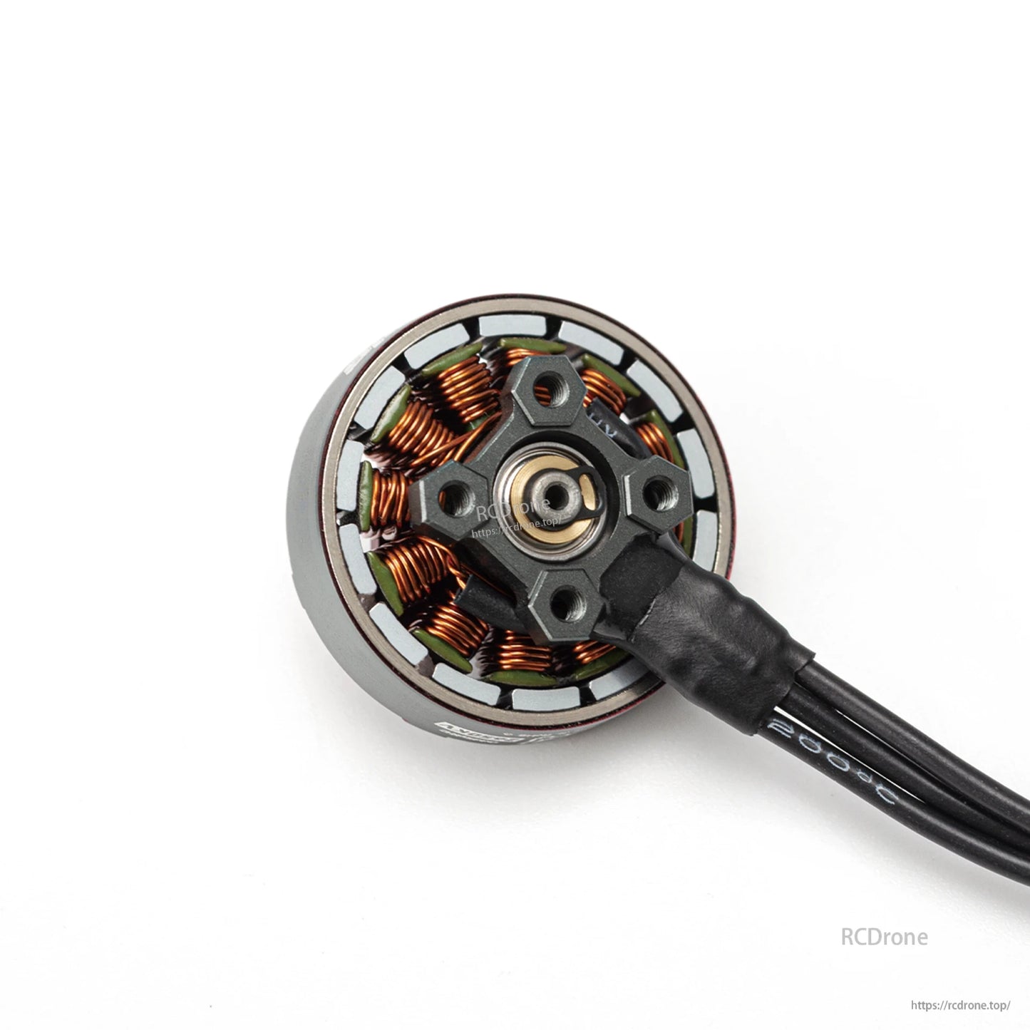 Bottom view showing motor base, mounting holes, center bearing area, and cable exit