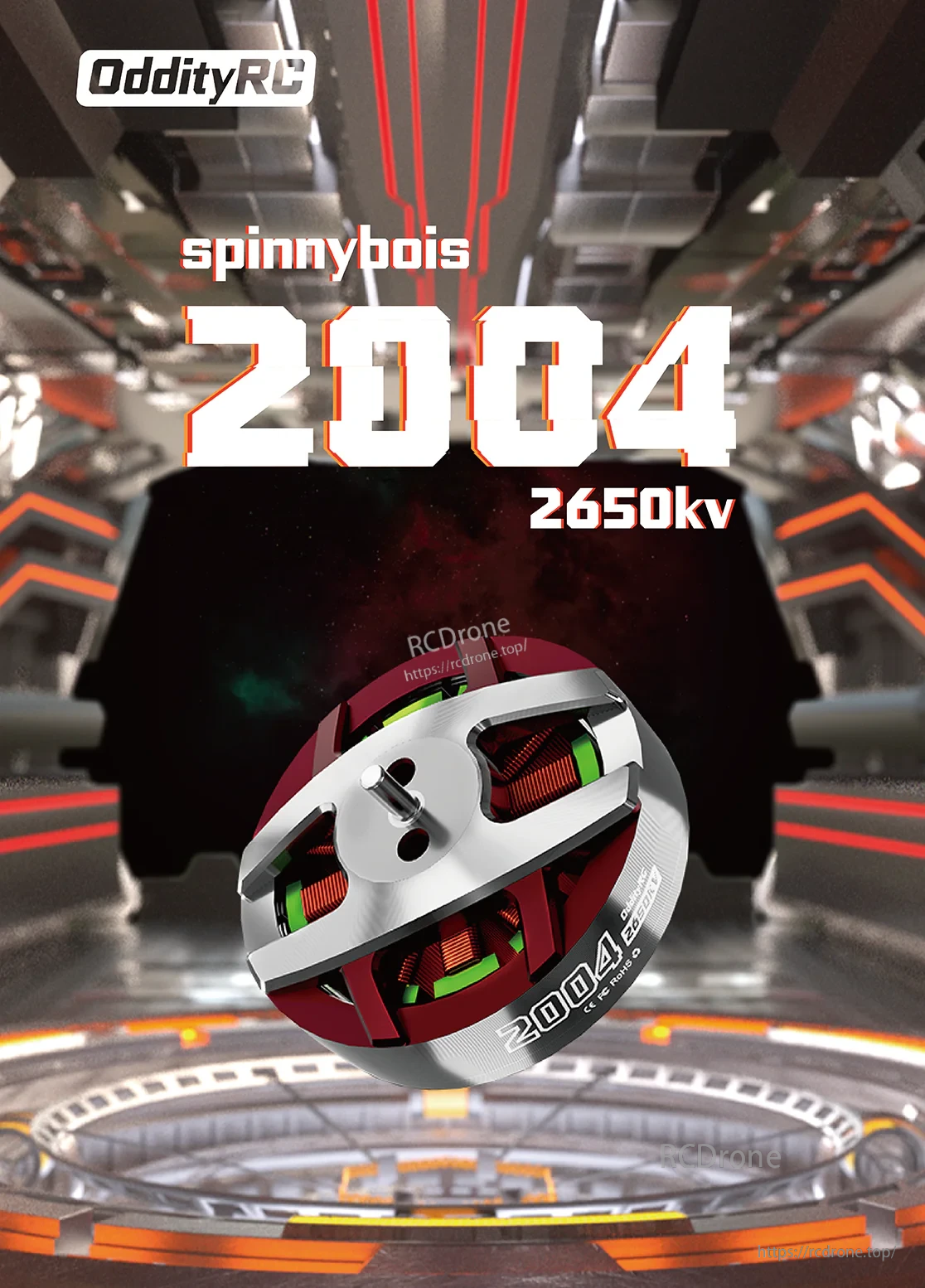 OddityRC Spinnybois 2004 2650KV 6S brushless motor hero render with red/gray rotor and 1.5mm shaft