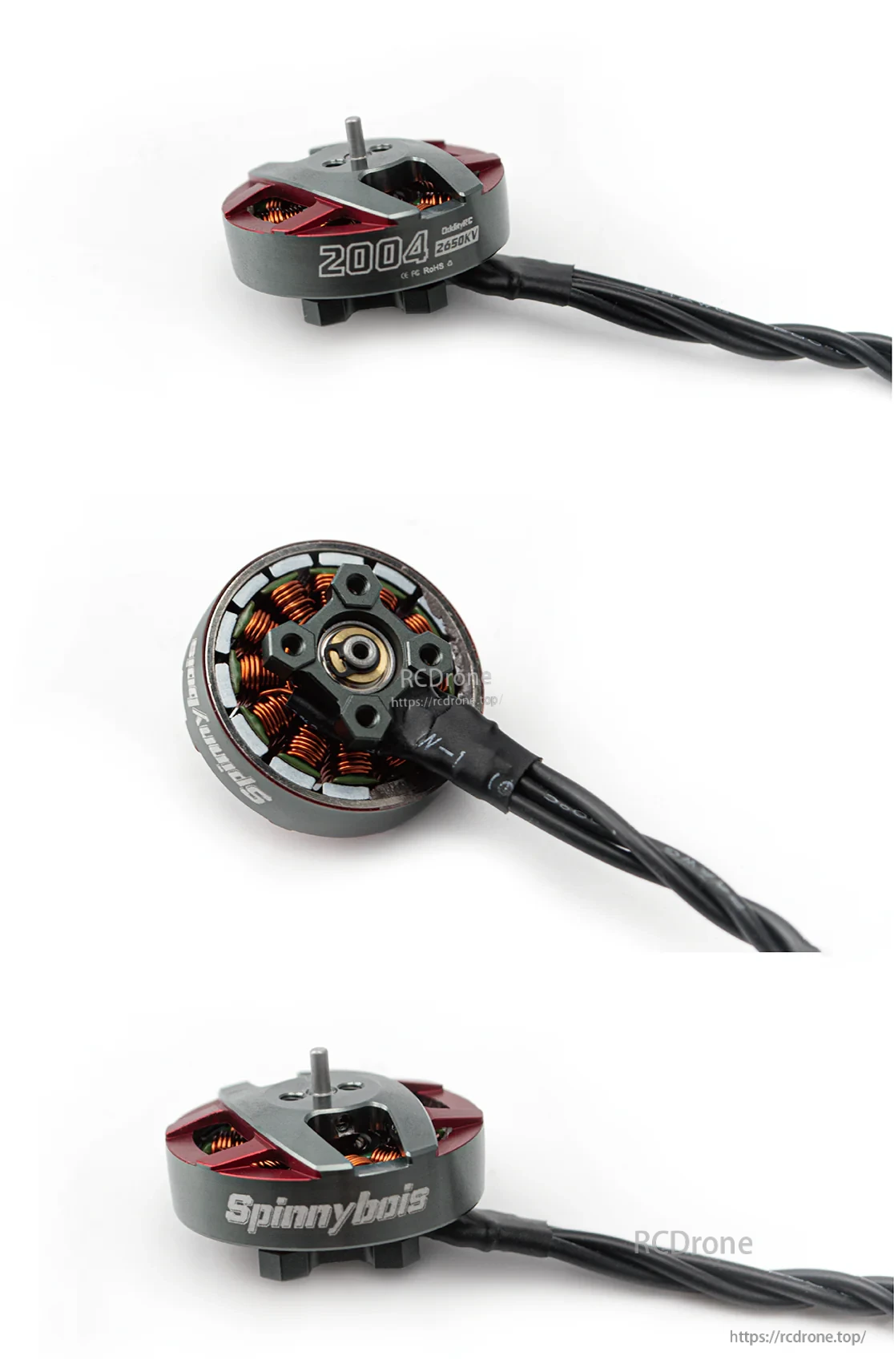 Studio photos of Spinnybois 2004 2650KV motor showing top, bottom, and side views with wiring and mounting base