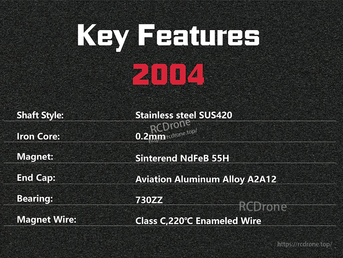 Key features table for 2004 motor listing SUS420 shaft, 0.2mm iron core, NdFeB 55H magnet, 730ZZ bearing and Class C wire