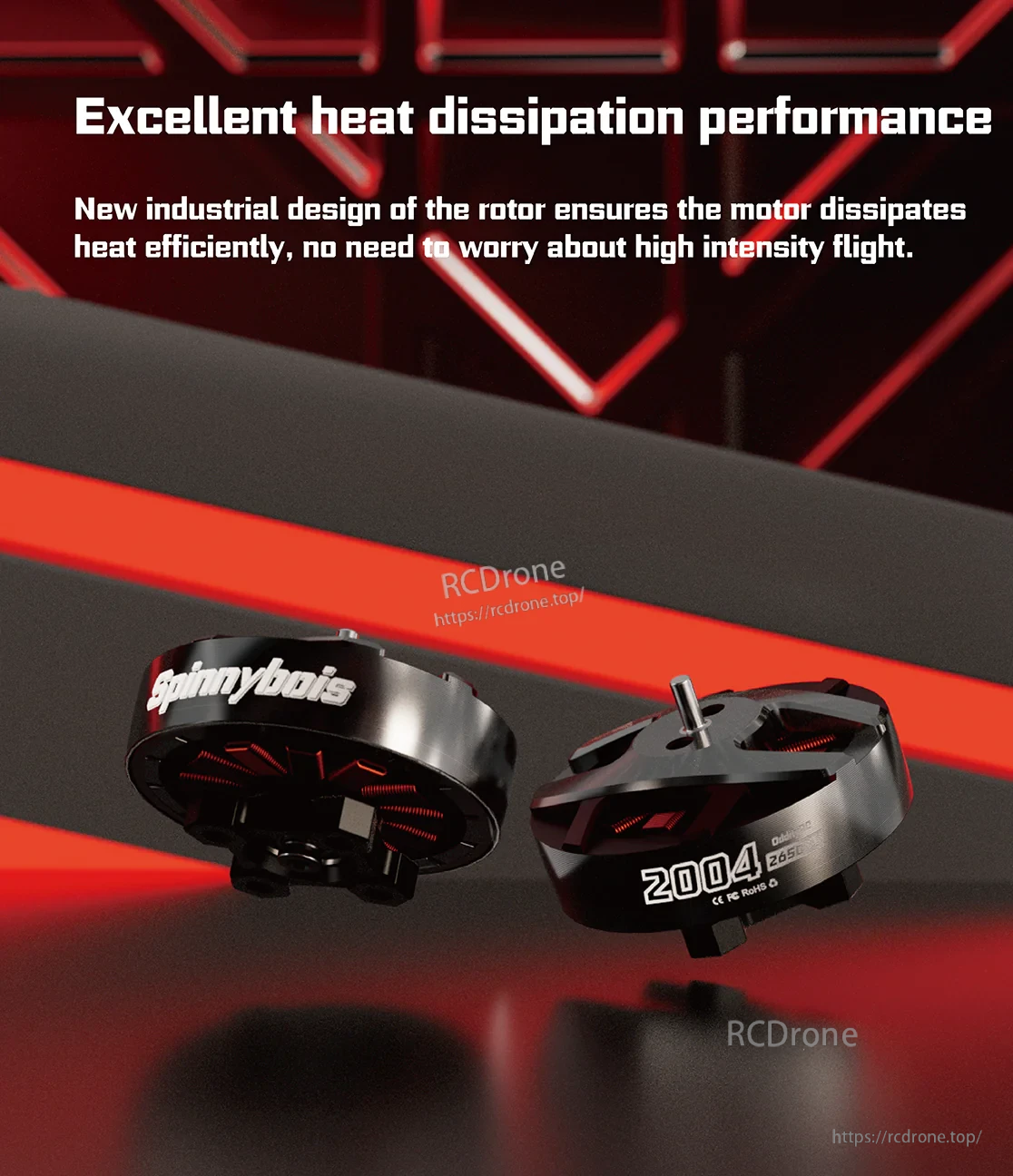 Spinnybois 2004 motor marketing graphic emphasizing rotor design for excellent heat dissipation during demanding flights