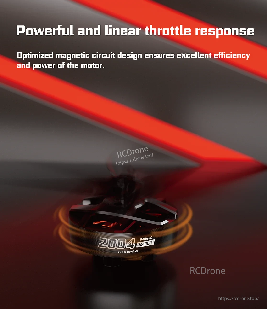 OddityRC Spinnybois motor graphic highlighting powerful, linear throttle response and optimized magnetic circuit design