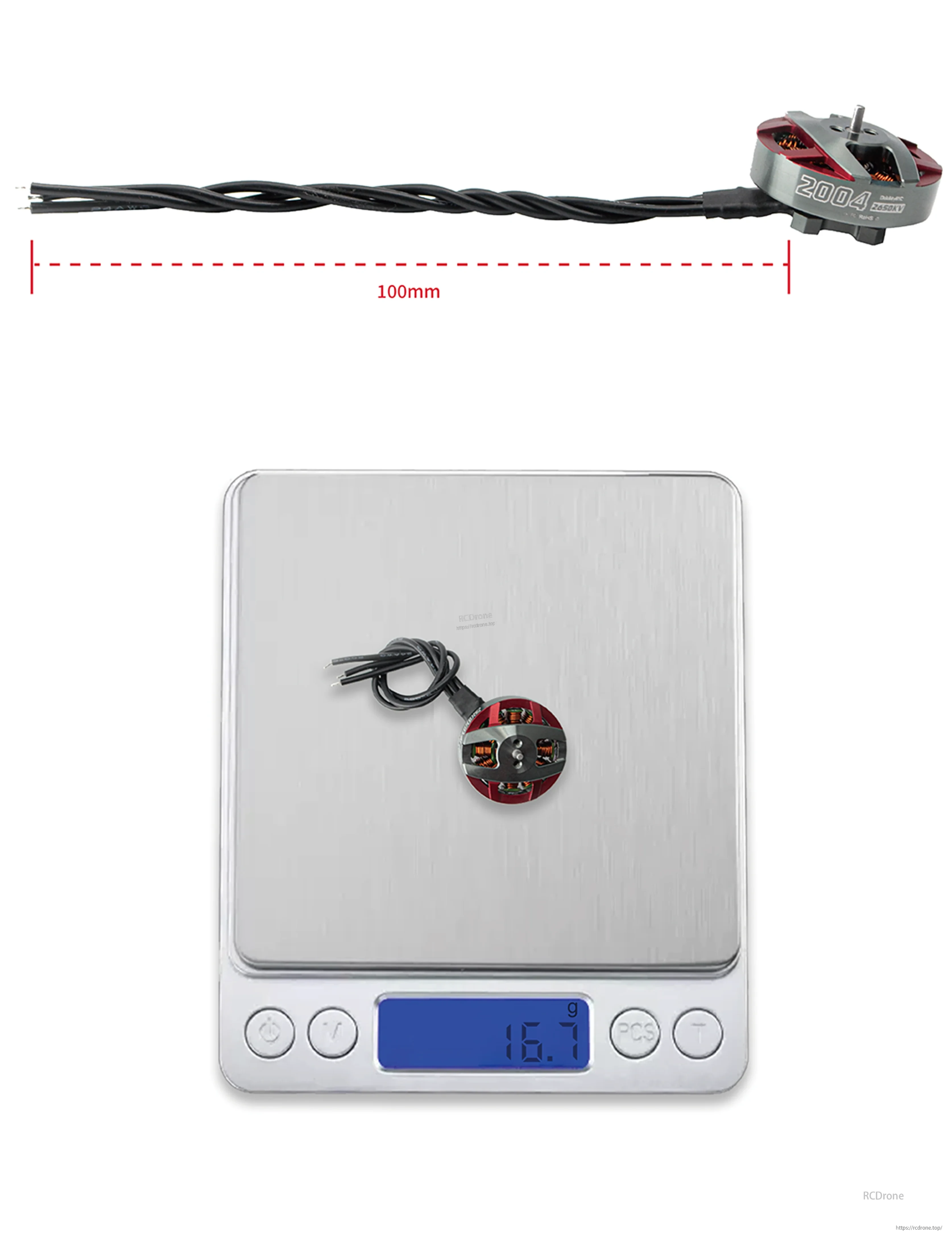 Spinnybois 2004 motor lead wires measured at 100mm length, with full twisted cable shown end to end
