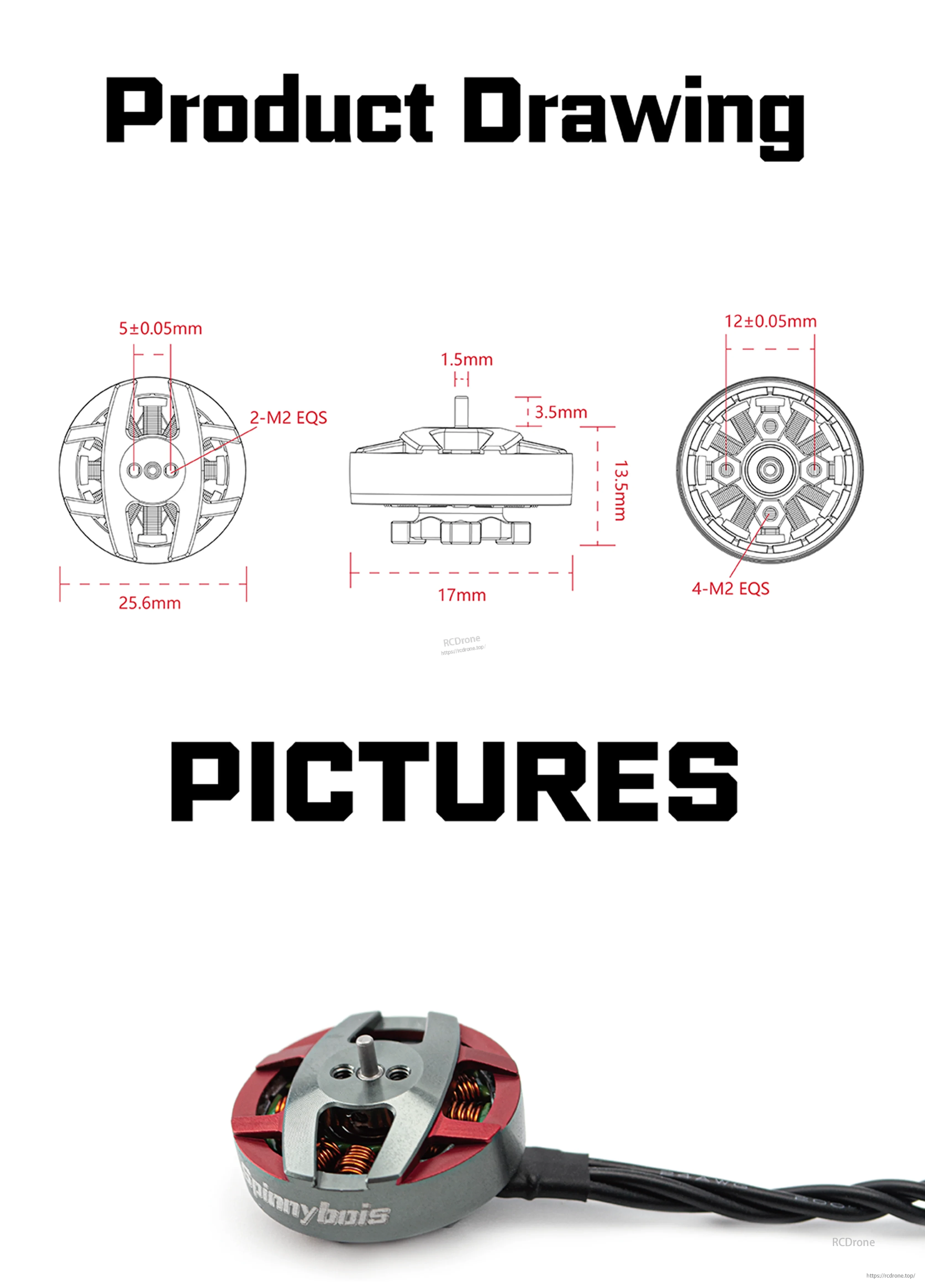 Mechanical drawing of 2004 motor with 25.6mm diameter, 17mm width, 1.5mm shaft, and 12mm/5mm M2 mounting patterns