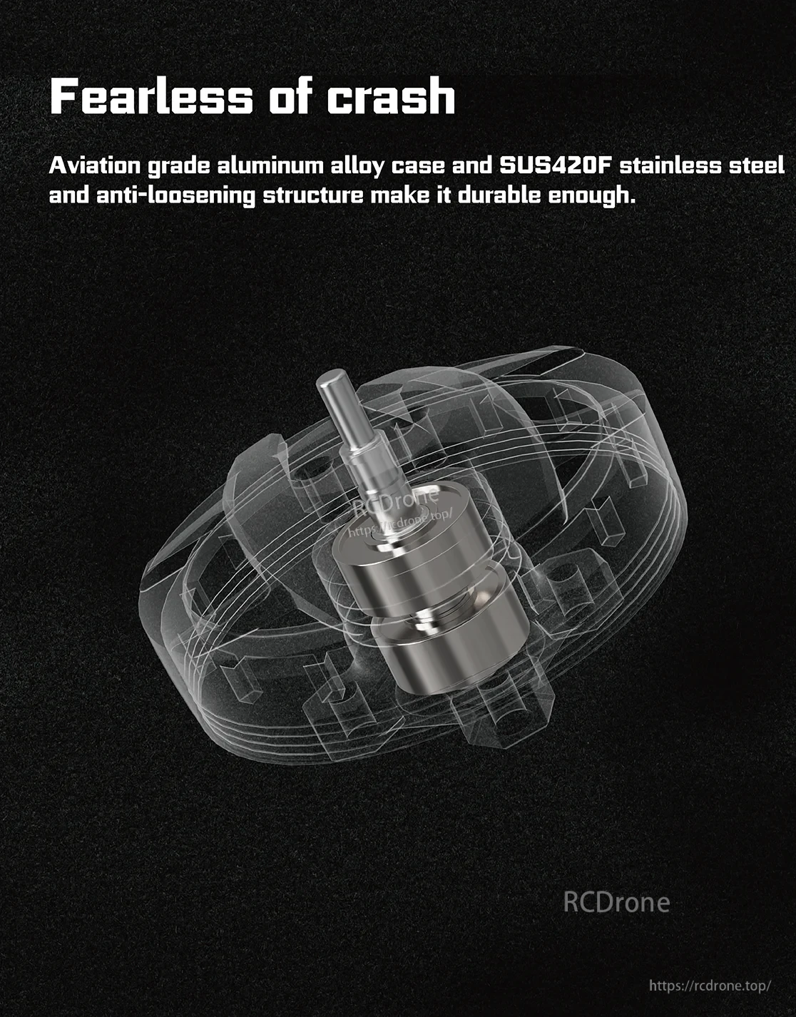 Durability graphic for Spinnybois 2004 motor with transparent rotor overlay, highlighting aluminum alloy case and SUS420F shaft