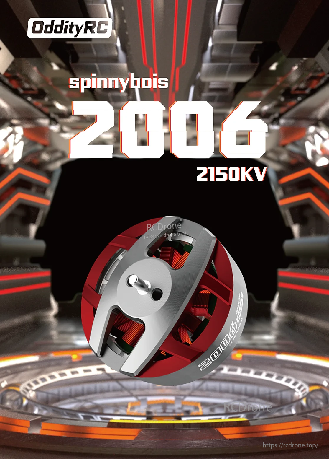 OddityRC Spinnybois 2006 2150KV brushless motor hero graphic with red and gray open-frame design