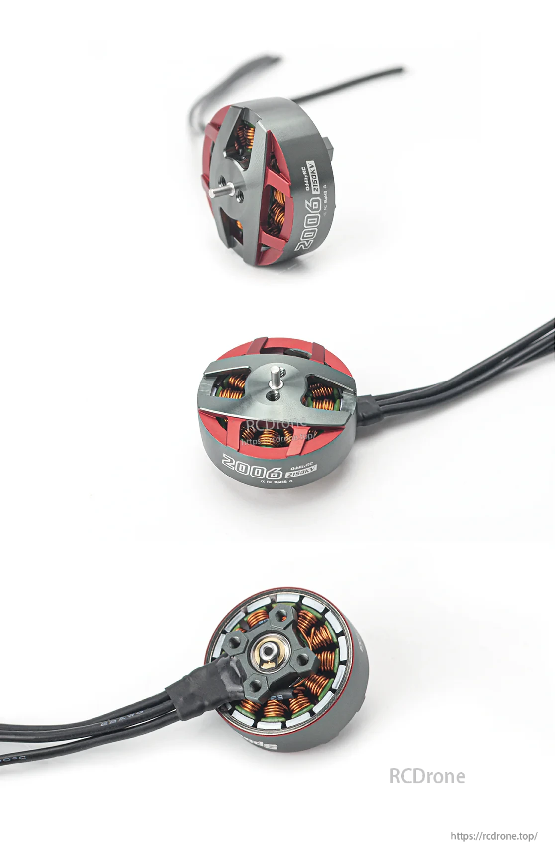 Product photos of the OddityRC Spinnybois 2006 2150KV motor from multiple angles, including underside stator view