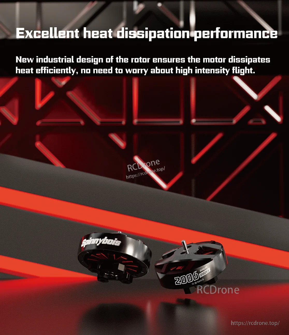 Heat dissipation feature graphic for the 2006 2150KV motor, highlighting rotor design for efficient cooling