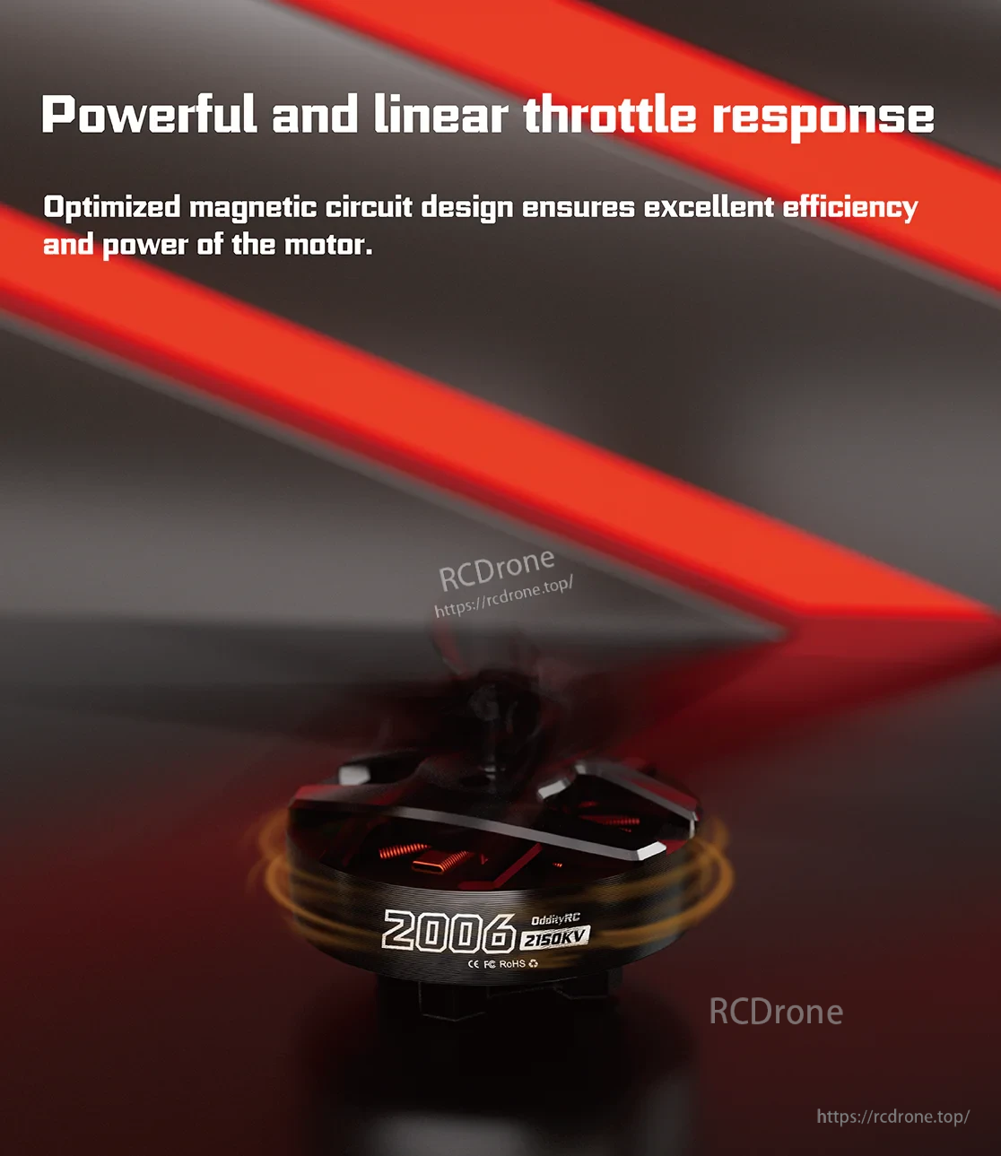 Spinnybois 2006 2150KV motor feature graphic highlighting powerful, linear throttle response and efficiency