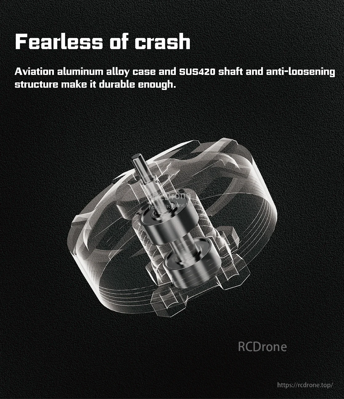 Durability cutaway graphic for the Spinnybois 2006 motor emphasizing anti-loosening structure and SUS420 shaft