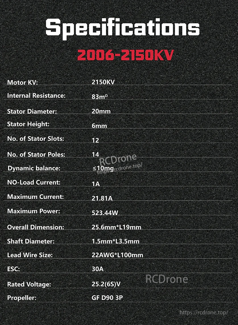 Specifications chart for 2006-2150KV motor with KV 2150, 25.2V 6S rating, max current 21.81A, 30A ESC