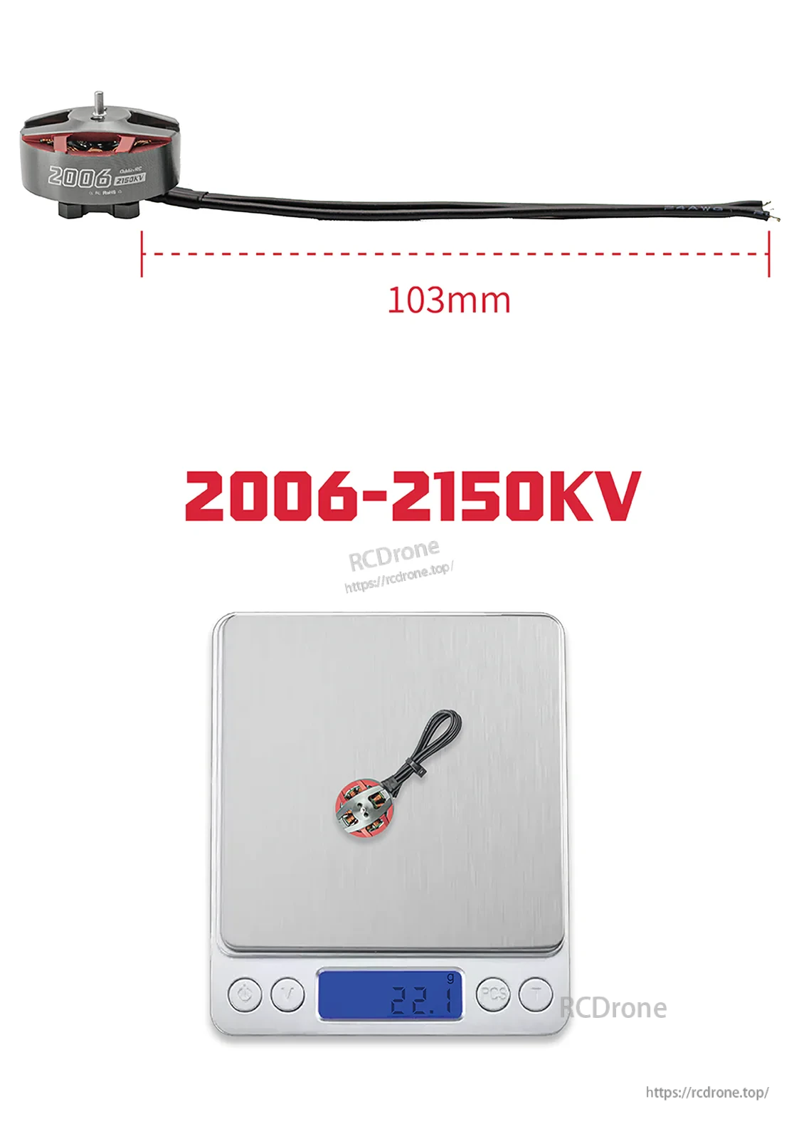 OddityRC 2006-2150KV motor wire length 103mm and weight reading 22.1g on digital scale