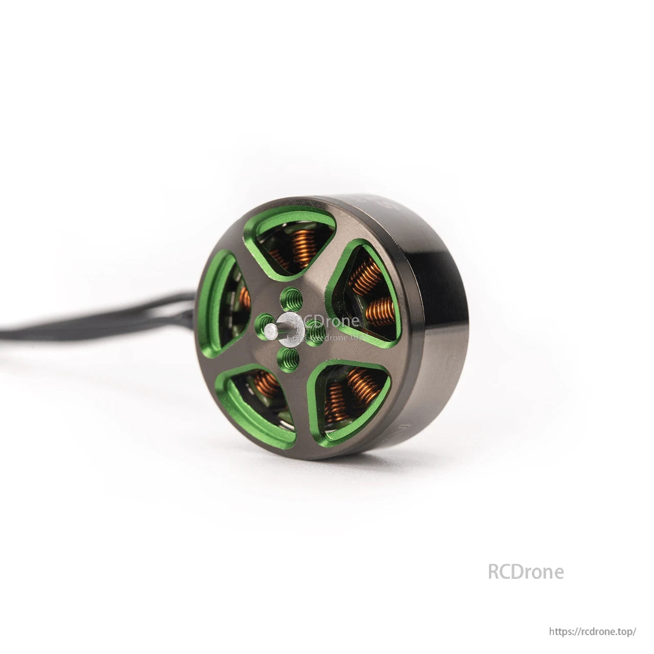 OddityRC Stream 1806 2200KV brushless motor top view with attached lead wires and shaft