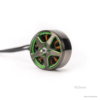 OddityRC Stream 1806 2200KV brushless motor top view with attached lead wires and shaft