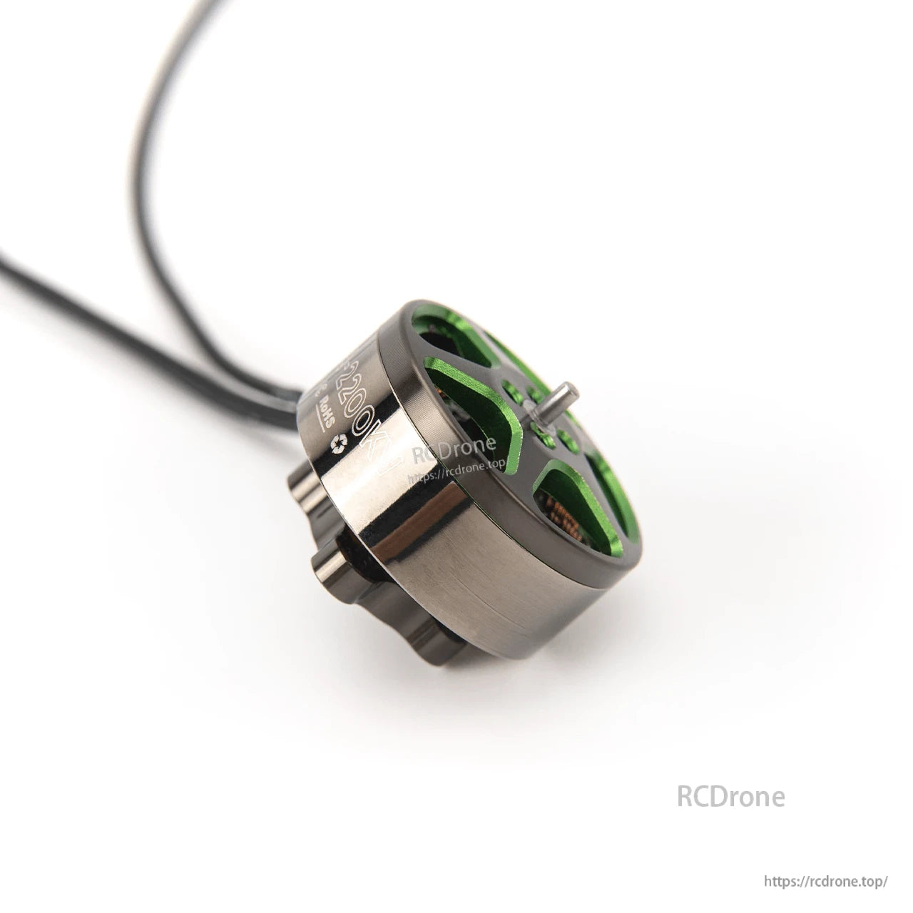 Side profile of brushless motor showing 2200KV marking, motor can finish, and lead wire exit