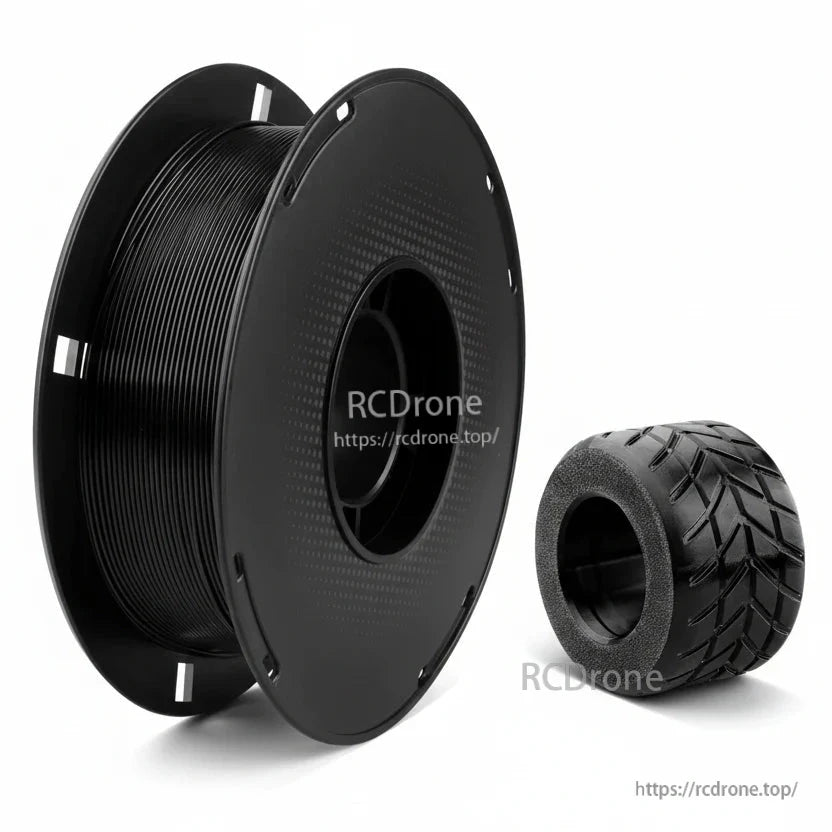 Black TPU 3D printer filament spool with a printed rubber-style wheel part for flexible 3D printing