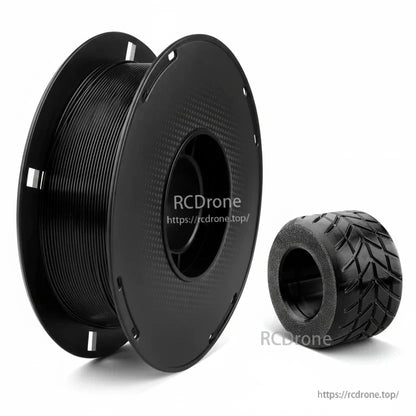 Black TPU 3D printer filament spool with a printed rubber-style wheel part for flexible 3D printing