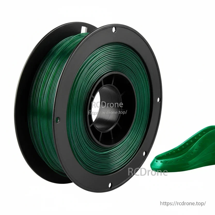 Green TPU 3D printing filament spool with a small flexible printed sample piece beside it