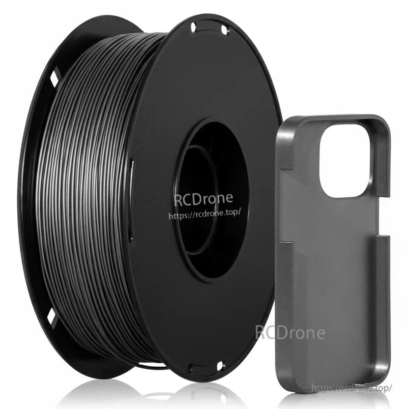 Dark gray filament spool with rigid phone case sample print