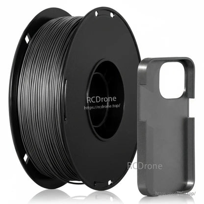 Dark gray filament spool with rigid phone case sample print