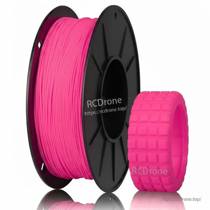 Pink TPU 95A filament spool with flexible tread ring sample, angled side view