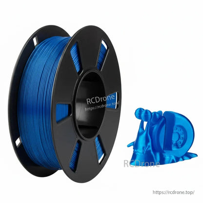 Blue flexible TPU 3D printer filament spool with black reel, plus sample blue 3D-printed model