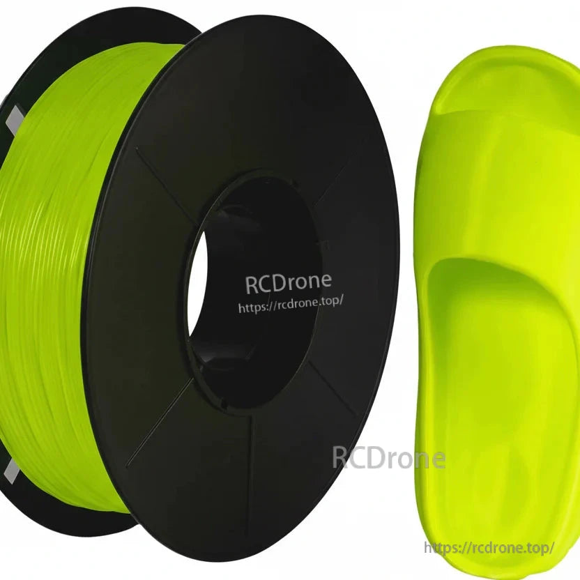 Neon yellow-green filament spool with flexible slip-on sandal sample print
