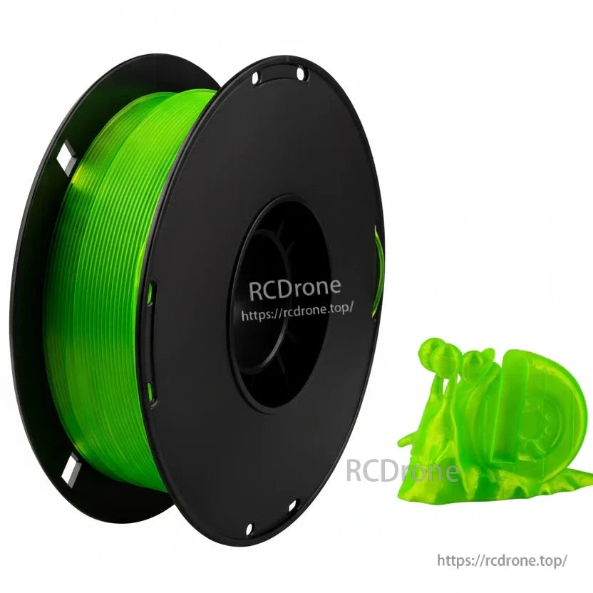 Neon green TPU 3D printer filament on black spool with RCDrone branding and sample printed part
